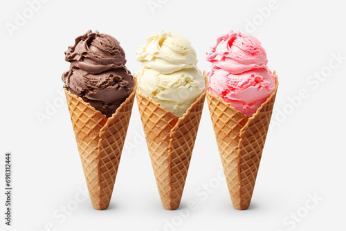  different sort of ice cream cones on white background 