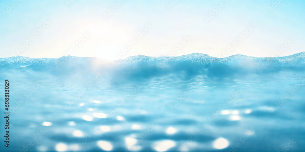 Light blue blurred background with wave texture on sea surface, sky and water border