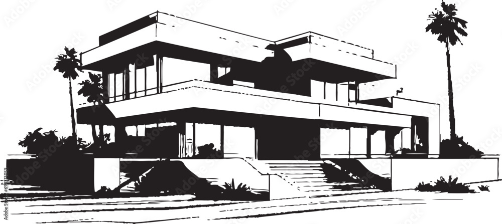 Naklejka premium Contemporary Villa Structure Iconic Emblem in Vector Design Villa Design Construction Emblematic Structure in Vector Icon