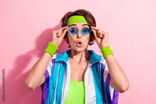 Photo of surprised lady coach trainer look see incredible sport gym sale isolated pastel color background