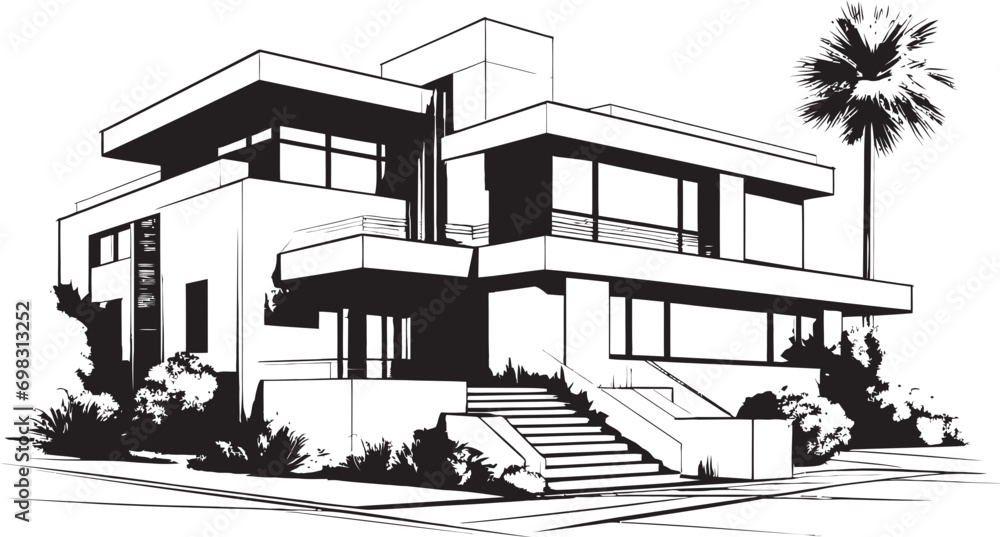 Villa Design Blueprint Contemporary Architecture in Vector Icon Iconic Contemporary Villa Building Structure in Vector Logo