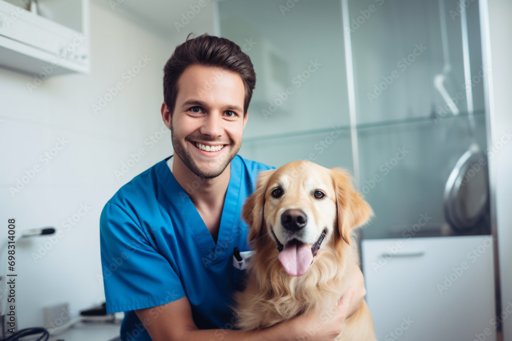 happy smiling veterinarian with dog