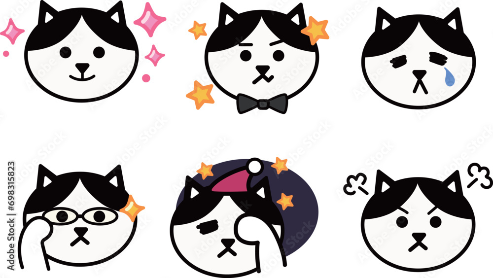 Various face emoticon sets of black and white cartoon cats. Vector illustration isolated on a transparent background. Includes six patterns. Various face emoticon sets of black and white cartoon cats. Vector illustration isolated on a transparent background. Includes six patterns.