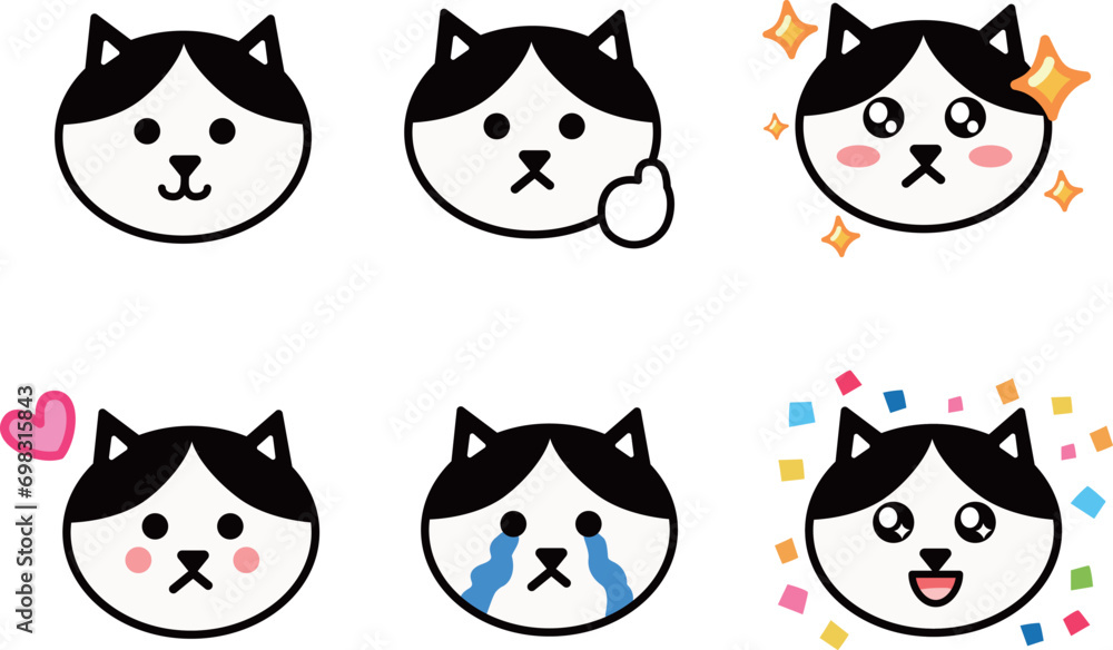 Various face sets of cartoon black and white cats. Vector illustration isolated on a transparent background. Includes six patterns. Various face sets of cartoon black and white cats. Vector illustration isolated on a transparent background. Includes six patterns.