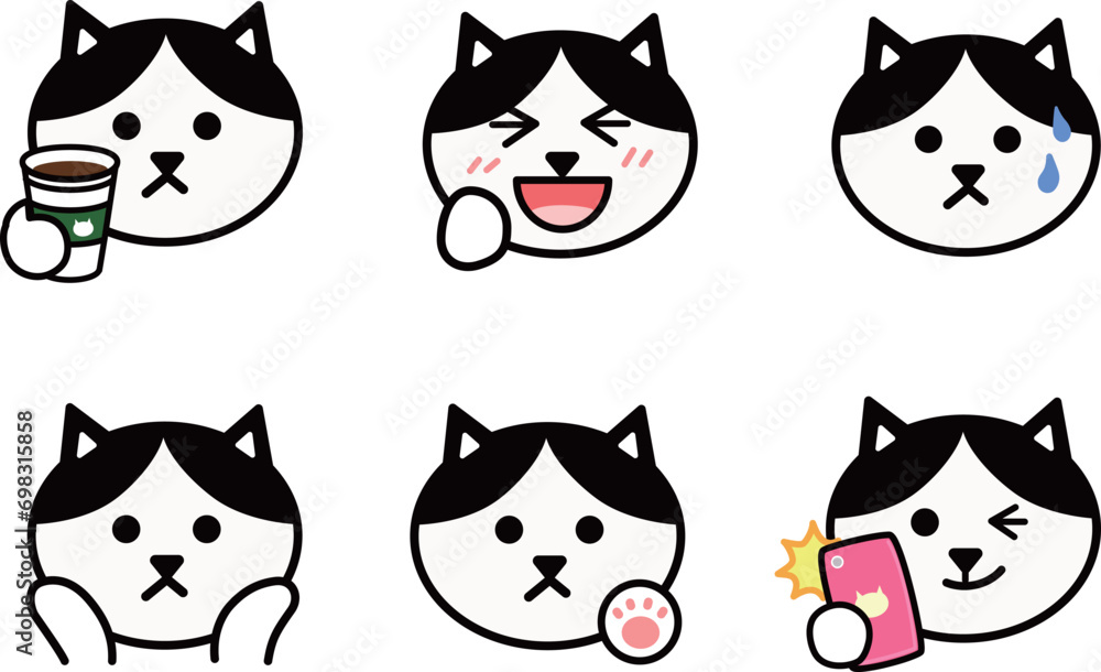 Various face emoticon sets of cartoon black and white cats. Vector illustration isolated on a transparent background. Includes six patterns. Various face emoticon sets of cartoon black and white cats. Vector illustration isolated on a transparent background. Includes six patterns.