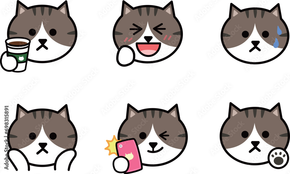 Various face emoticon sets of cartoon tabby cats. Vector illustration isolated on a transparent background. Includes six patterns.