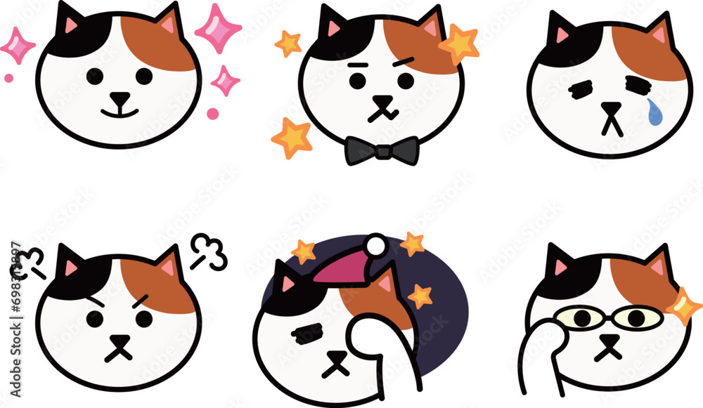 Various face emoticon sets of cartoon calico cats. Vector illustration isolated on a transparent background. Includes six patterns. Various face emoticon sets of cartoon calico cats. Vector illustration isolated on a transparent background. Includes six patterns.
