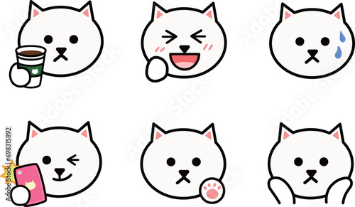Various face emoticon sets of cartoon white cats. Vector illustration isolated on a transparent background. Includes six patterns.