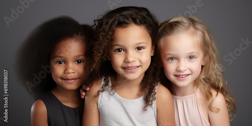 three little girls of different races, posing on gray background