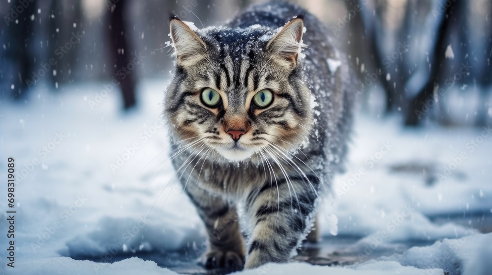 Beautiful cat in the snow outside in winter. A striped fluffy cat walks in the snow in winter. Advertising of products for cats.
Snowy weather, cold outside, snowing. Cute pets. Homeless animals.