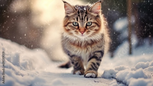 Beautiful kitten in the snow outside in winter. A striped fluffy kitten walks in the snow in winter. Advertising of products for cats.
Snowy weather, cold outside, snowing. Cute pets. Homeless animals