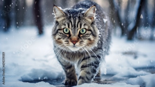 Beautiful cat in the snow outside in winter. A striped fluffy cat walks in the snow in winter. Advertising of products for cats. Snowy weather, cold outside, snowing. Cute pets. Homeless animals.
