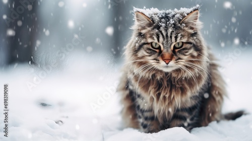 Beautiful cat in the snow outside in winter. A striped fluffy cat walks in the snow in winter. Advertising of products for cats.
Snowy weather, cold outside, snowing. Cute pets. Homeless animals.