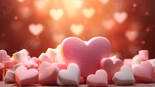 A central pink heart surrounded by smaller hearts against a warm, bokeh background – perfect for romantic themes. Valentine's day, love