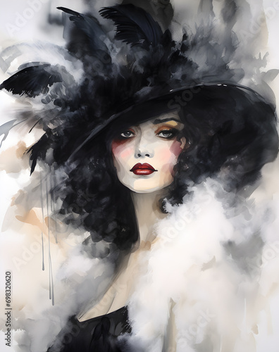 Woman with Feather Hat - AI generated illustration