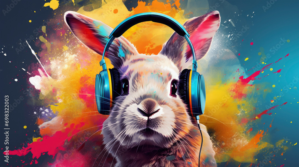 Closeup of grey bunny or rabbit with headphones, background with colored splash design on blue wall, design card, easter