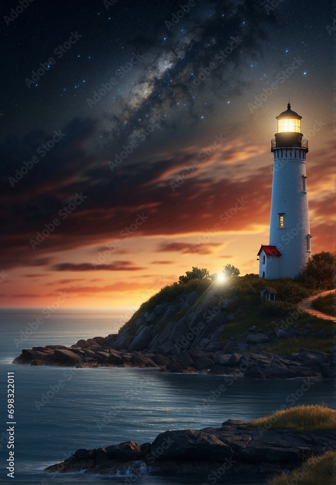 A lighthouse shines at night in the darkness of the sea