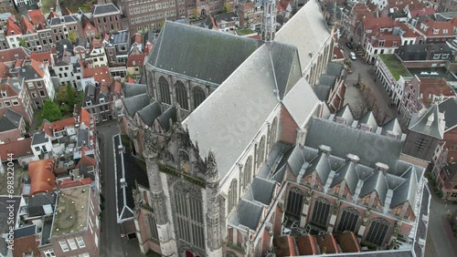 Timelapse drone footage of Hooglandse Kerk protestant church in Leiden, South Holland, Netherlands photo
