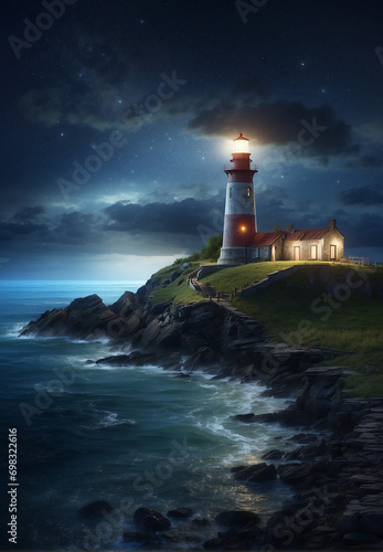 A lighthouse shines at night in the darkness of the sea