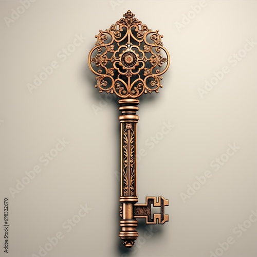 Vintage ancient key with ornament isolated. Antique carved key. Golden metal key with a pattern close-up. Generative ai