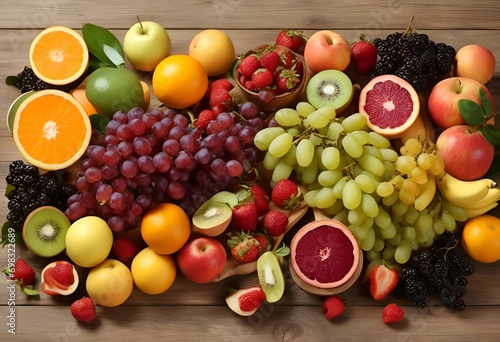 a bunch of fruit is on a wooden table with other fruit