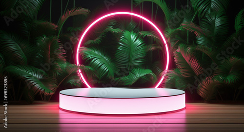 neon glowing round podium for product presentation in the tropical forest 