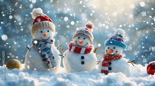 a group of three snowmen in winter clothing stand on a snowy surface photo