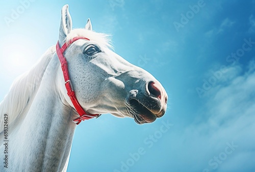 the head of a horse is shown under a blue sky photo