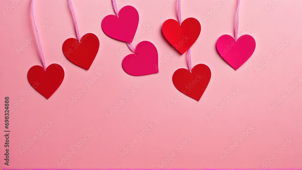 Paper hearts hanging from a string on a pink background