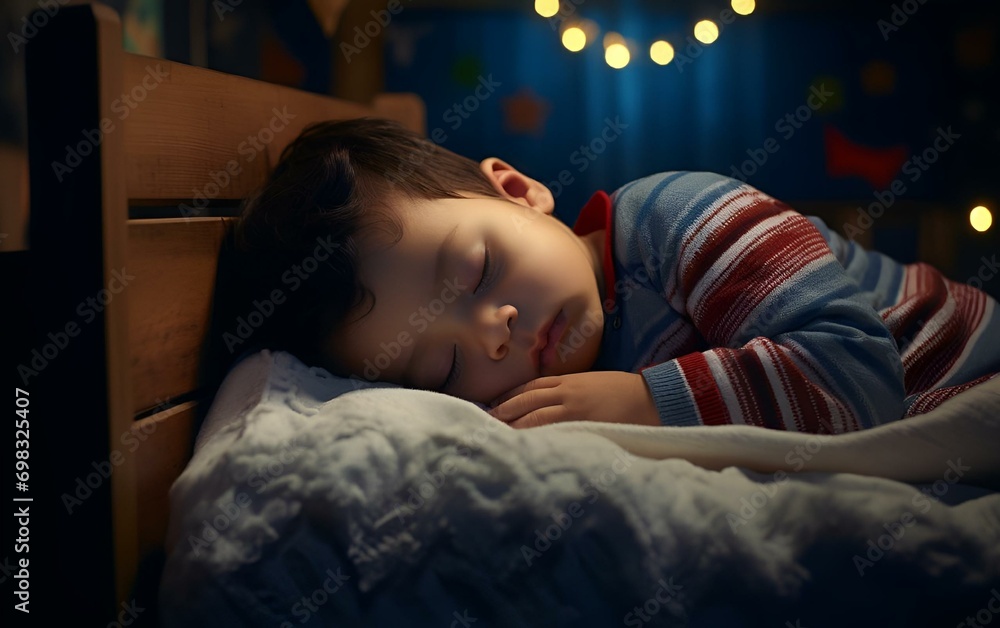 AI generated illustration of a young Caucasian boy in a peaceful sleep on the bed AI generated illustration of a young Caucasian boy in a peaceful sleep on the bed