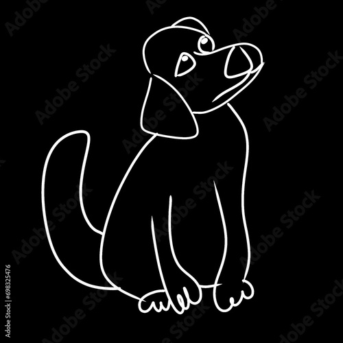 Outline dog sitting turn sideway illustration on black background