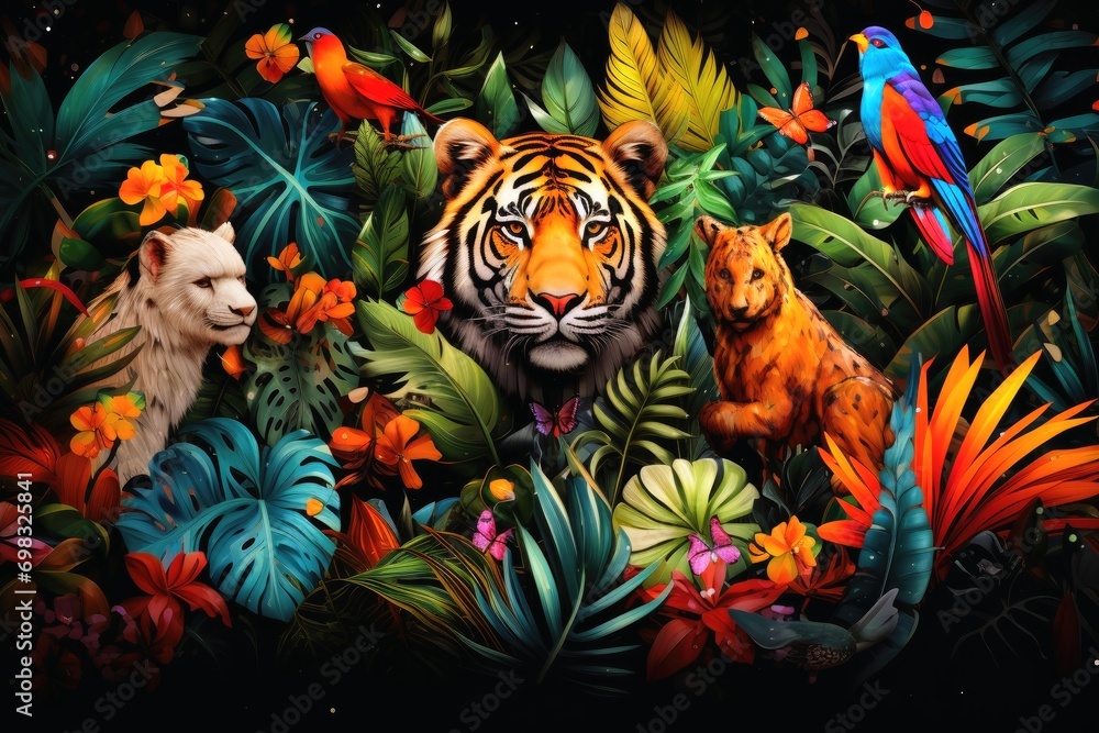 Fototapeta premium A coloful collage of all the animals of the jungle.