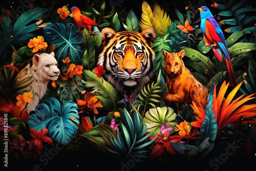 A coloful collage of all the animals of the jungle.