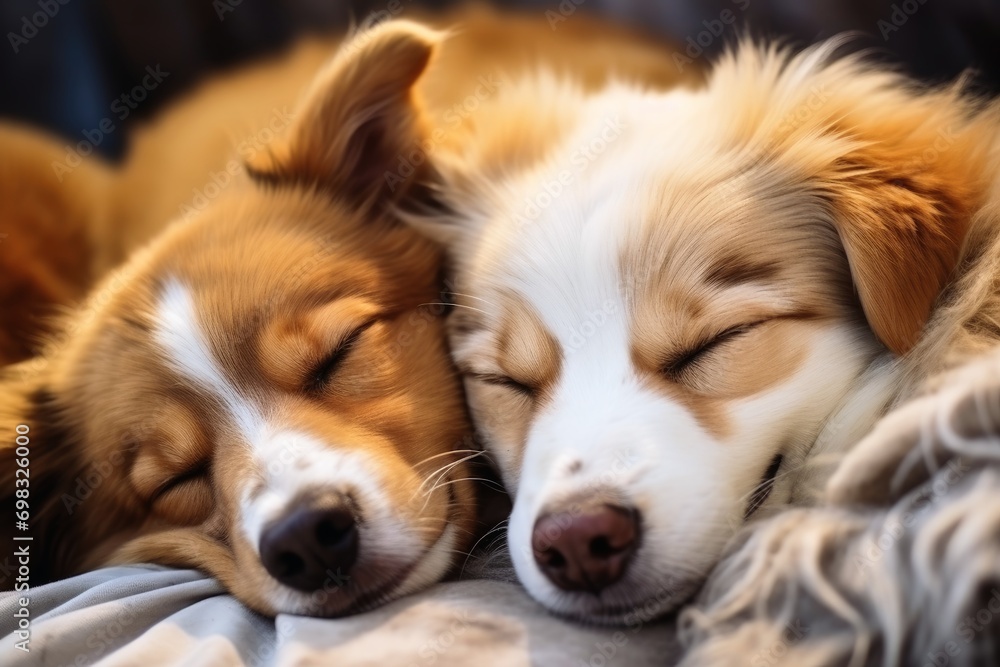 Close up of very cute sleeping dogs.
