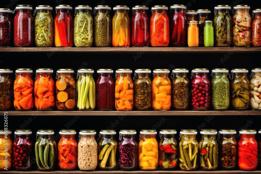 © Michael - Many canned food in jars in one rule.