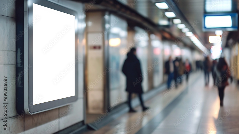 Empty billboard for service and product advertisement in the subway. Created using generative AI.