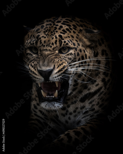Sri Lankan leopard in a dark environment with its mouth open, revealing its sharp teeth © Wirestock