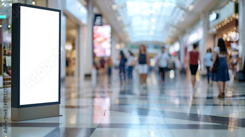 Shopping mall with Mock up board for product advertisement. Created using generative AI. photo