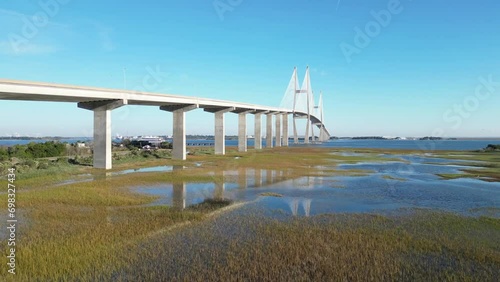 Drone footage of Sidney Lanier Bridge spans the Brunswick River in Brunswick, Georgia, USA photo