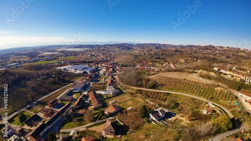 Aerial view of a rural area with vineyards in Langhe and Roero, Italy