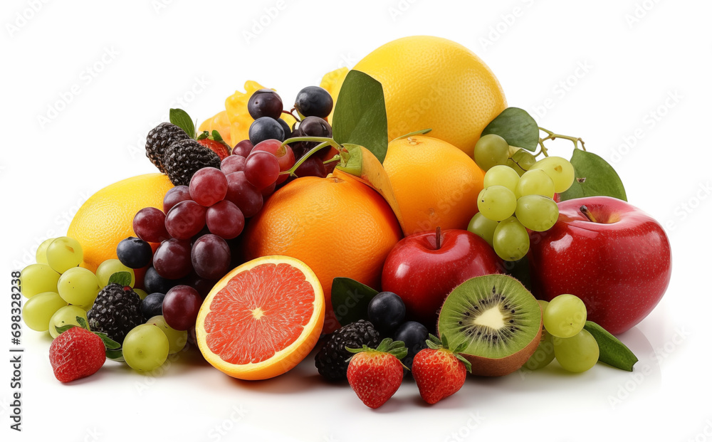 A vibrant display of assorted fresh fruits including grapes, apples, oranges, and berries, isolated on a white background. A vibrant display of assorted fresh fruits including grapes, apples, oranges, and berries, isolated on a white background.