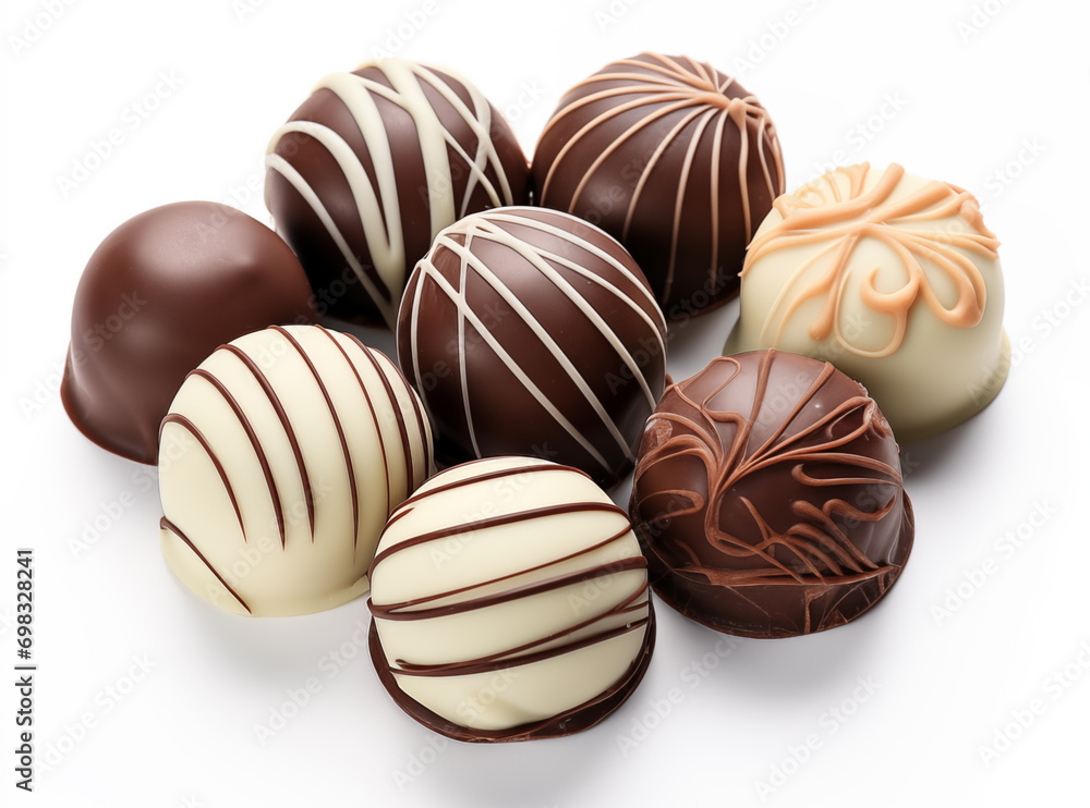 A collection of eight assorted gourmet chocolates, each with unique designs and patterns, presented on a white background. The image highlights the variety and intricate details of each chocolate piec A collection of eight assorted gourmet chocolates, each with unique designs and patterns, presented on a white background. The image highlights the variety and intricate details of each chocolate piec