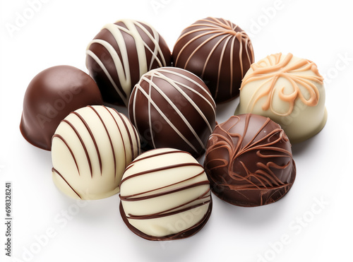 A collection of eight assorted gourmet chocolates, each with unique designs and patterns, presented on a white background. The image highlights the variety and intricate details of each chocolate piec