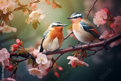 wo vibrant birds perch gracefully on a branch, surrounded by the soft hues of blooming flowers. This image captures the essence of spring, symbolizing renewal and the beauty of nature.