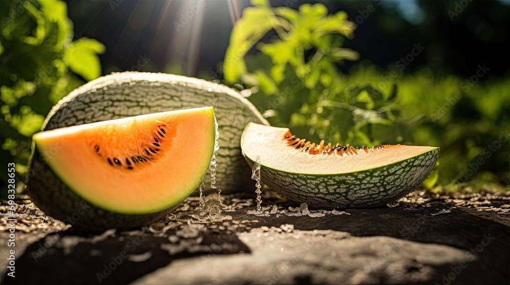 Fresh melon slice on the field with light exposure AI Generative - obrazy, fototapety, plakaty 