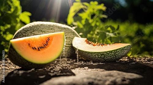 Fresh melon slice on the field with light exposure AI Generative photo