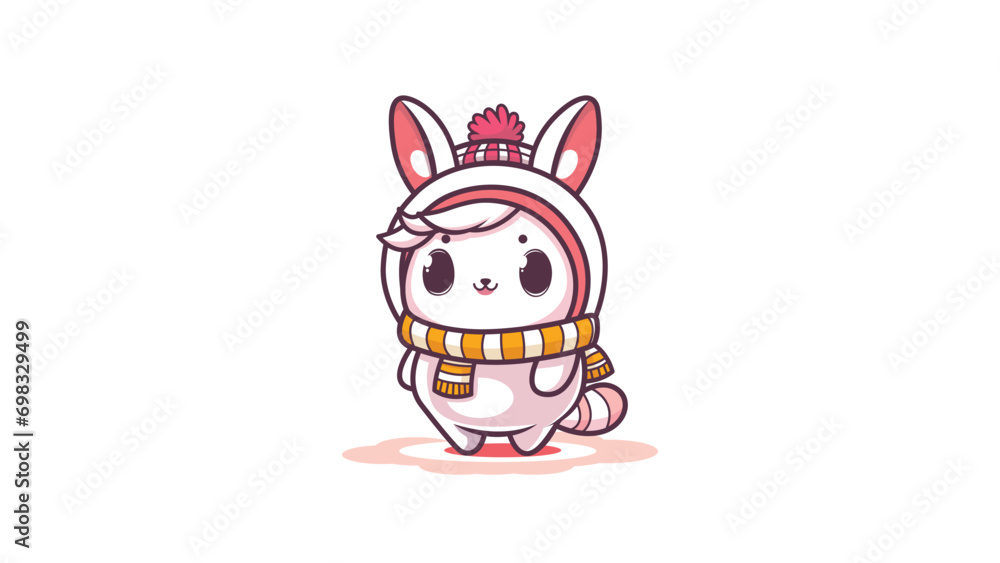 A cartoon cat with a winter hat and yellow scarf for the cold of winter in front of White background A cartoon cat with a winter hat and yellow scarf for the cold of winter in front of White background