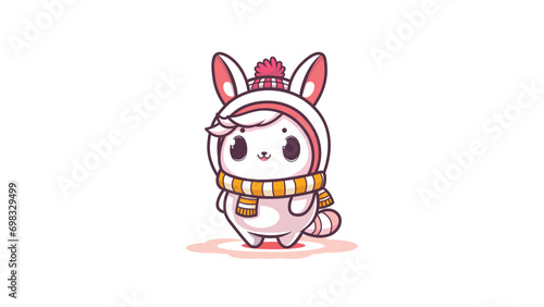 A cartoon cat with a winter hat and yellow scarf for the cold of winter in front of White background