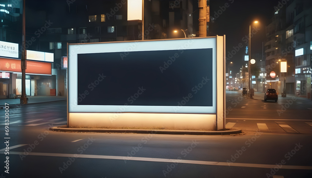 Blank billboard on night street. Outdoor advertising poster at night time with street light bokeh created with generative ai
