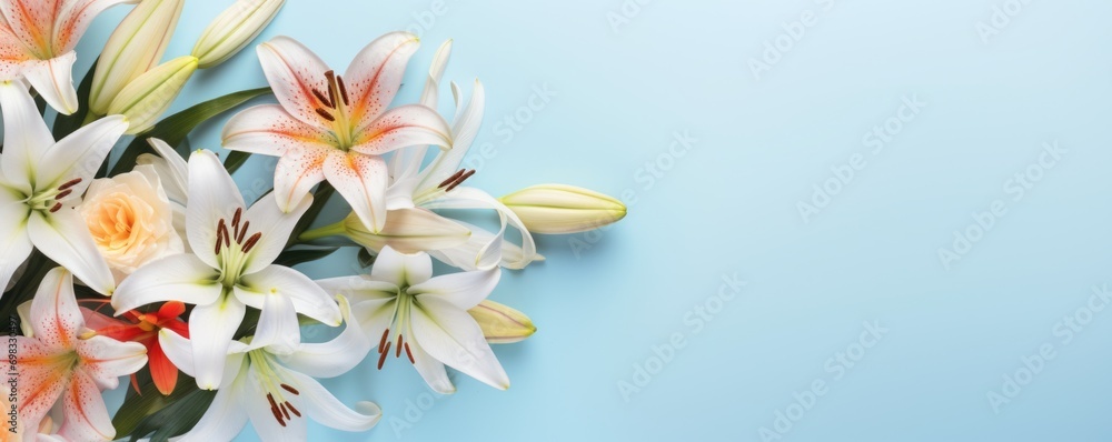 Spring flowers lily. Bouquet of flowers on pastel background. Valentine's Day, Easter, Birthday, Happy Women's Day, Mother's Day. Flat lay, top view, copy space for text Spring flowers lily. Bouquet of flowers on pastel background. Valentine's Day, Easter, Birthday, Happy Women's Day, Mother's Day. Flat lay, top view, copy space for text